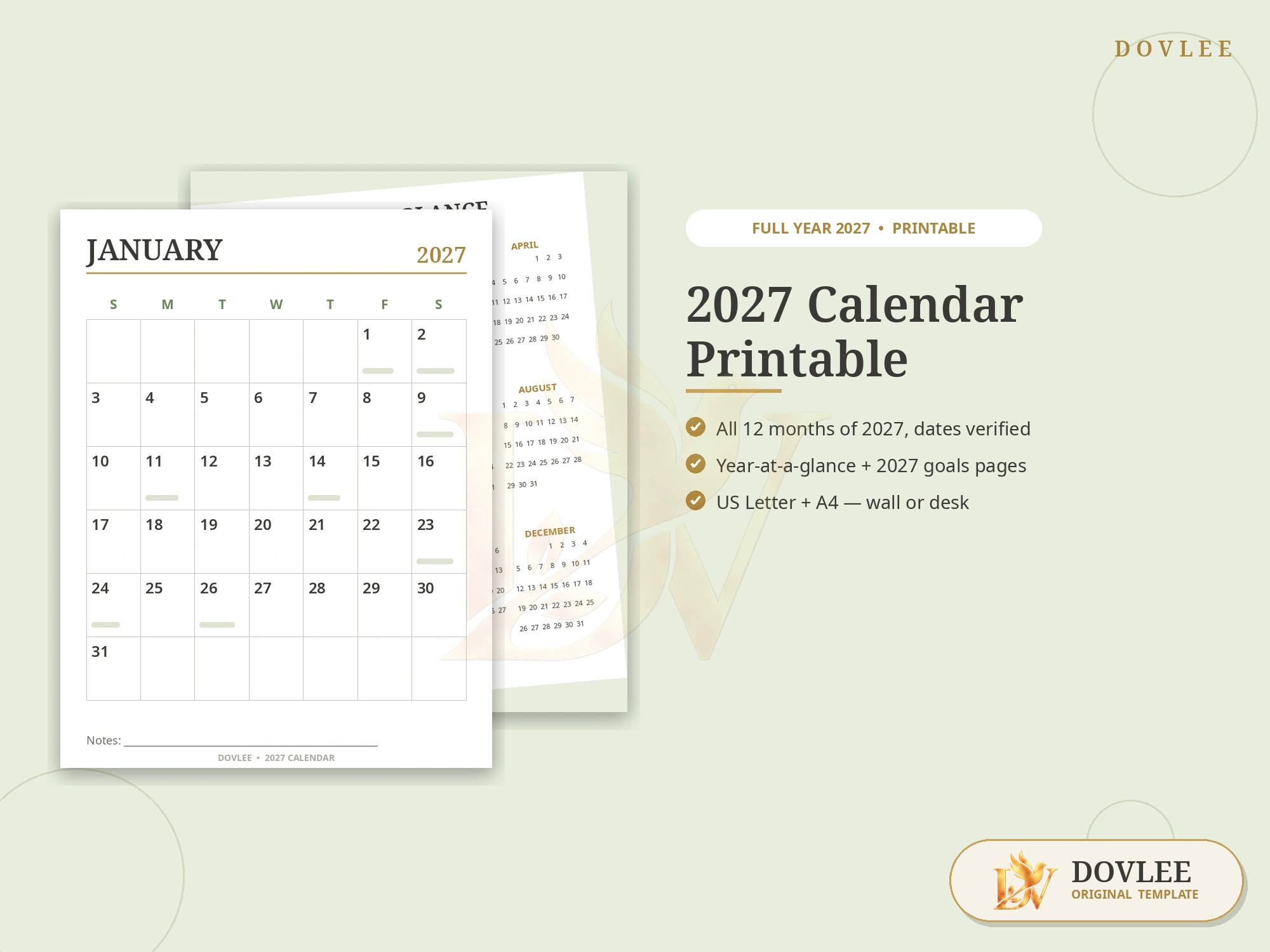 2027 Calendar Printable — Full Year Wall & Desk Calendar styled digital product preview