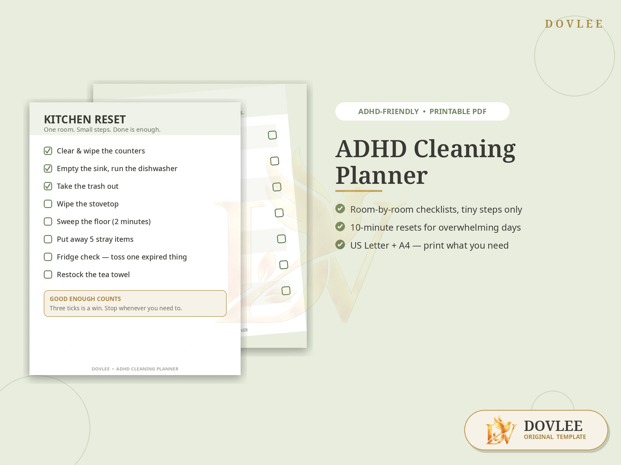 ADHD Cleaning Planner — Printable Room-by-Room Checklists styled digital product preview
