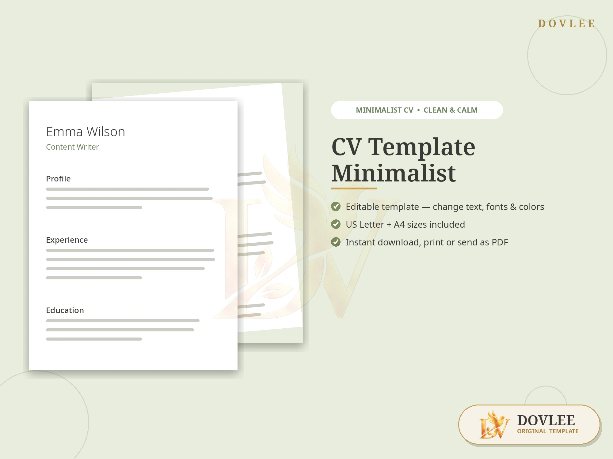 CV Template Minimalist styled digital product preview